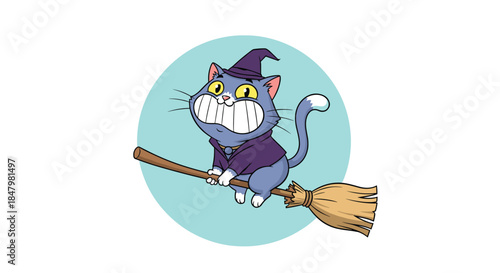 Cute and funny cartoon cat wearing a witch hat and cape, smiling broadly while flying on a magical broomstick for Halloween.