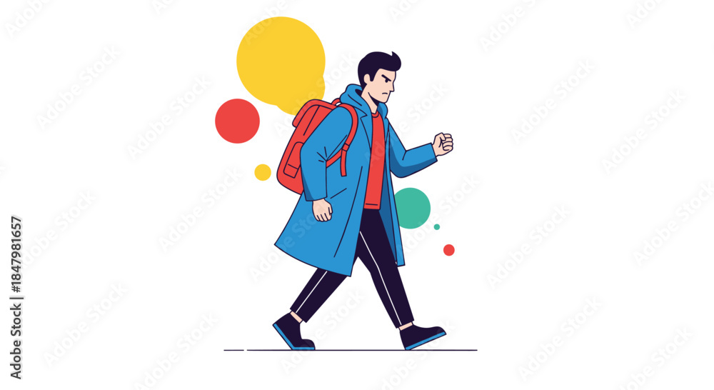 Fototapeta premium Determined or angry young man with a backpack walking purposefully, showing a serious expression and strong forward momentum.