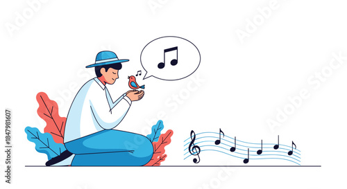 Calm man in a hat sitting in nature and listening to a small bird singing a beautiful song, showing a peaceful harmony with nature.