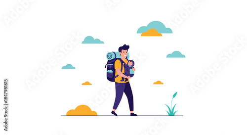 Happy father with a large hiking backpack carrying his baby in a front carrier, enjoying an outdoor adventure together as a family.