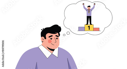 Young man smiling and daydreaming about winning, with a thought bubble showing him standing on a first-place podium with a gold medal.