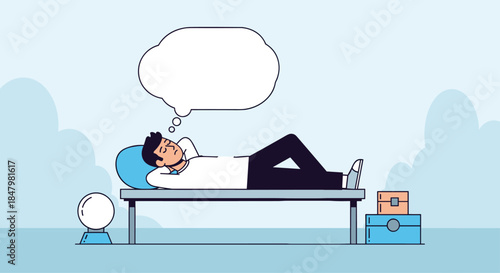 Man lying on a bench and daydreaming with a blank thought bubble above his head, ready for any creative idea or concept.