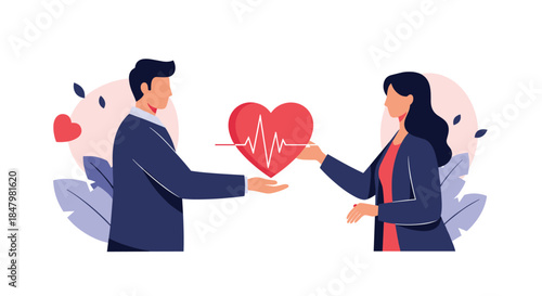 Man giving a heart with a heartbeat line to a woman, symbolizing love, a health donation, or sharing life and compassion.