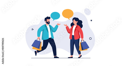 Man and woman walking with shopping bags and having a friendly conversation, with colorful speech bubbles above their heads.