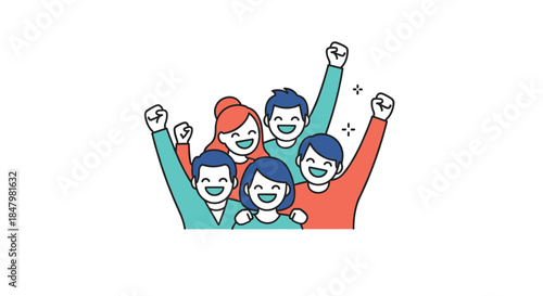 A joyful group of diverse friends or colleagues with their arms raised, cheering together to celebrate a shared victory or success.