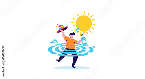 Man enjoying a hot summer day by standing in cool water, holding a bottle and waving his sombrero under the bright sun.