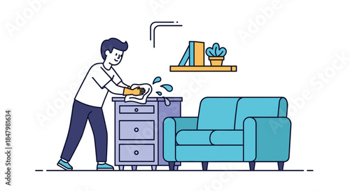 Man doing housework by carefully wiping a drawer with a cloth, keeping the living room tidy and clean with a smile.