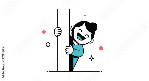 Happy and curious cartoon woman peeking out from behind a wall with a cheerful smile, representing surprise, discovery, or a secret.