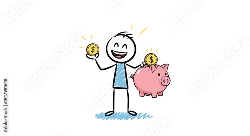 Happy stick figure character smiling while putting a dollar coin into a pink piggy bank, illustrating the joy of saving money.