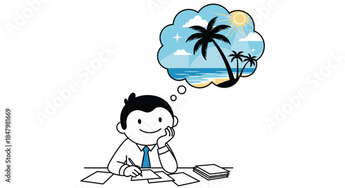 Businessman at his desk daydreaming of a tropical beach vacation, with a thought bubble showing a palm tree, sun, and ocean.