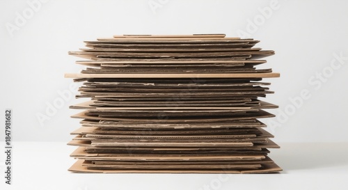 Stack of flattened cardboard boxes isolated on white background. Pile of brown corrugated paper cartons for recycling. Sustainable packaging and ecology concept