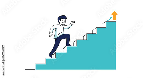 Motivated man happily running up a large staircase, symbolizing progress, career advancement, and moving towards a successful goal.
