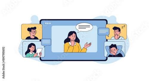 Online video conference showing an engaged presenter and various participants, some attentive and some bored or sleeping, representing remote work.