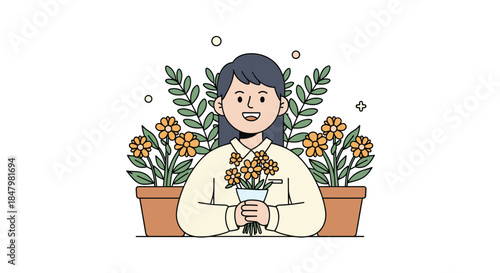 Happy young woman holding a vase of flowers, standing proudly in front of two large potted plants, embodying a love for gardening.