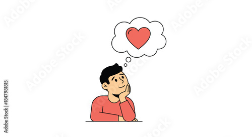 Young man daydreams about love with a happy and hopeful expression, a thought bubble with a large red heart above his head.