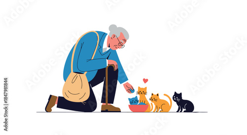 Kind elderly woman with a walking cane and shoulder bag kneels down to feed a group of hungry stray kittens from a red bowl.