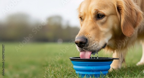 Golden Retriever dog drinking water from a portable blue bowl in a park. Thirsty pet hydrating outdoors with copy space