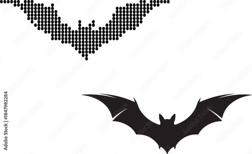 Fototapeta premium Two stylized bat illustrations, one pixelated and one solid silhouette, for Halloween or spooky themes