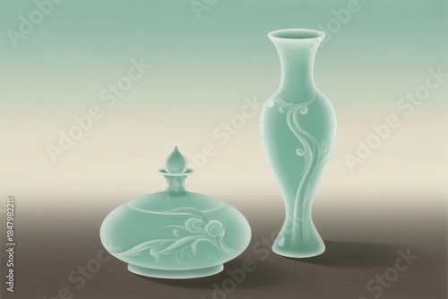 Two turquoise ceramic vessels with floral engravings on a gradient background