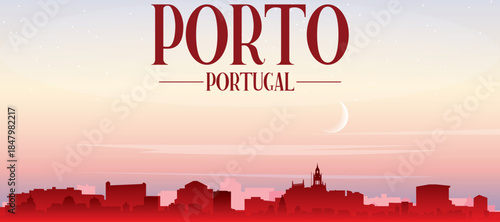 Red panoramic poster of the city skyline with misty background buildings, sunrise, moon and clouds of PORTO, PORTUGAL