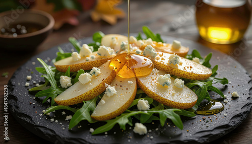Fresh salad featuring sliced pears, cheese, and honey drizzled on arugula in a cozy setting with warm lighting Generative AI