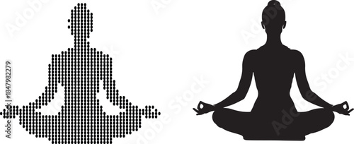 Two stylized figures in a meditative pose, one in a striped outline and the other a solid silhouette