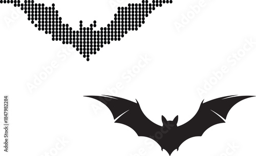 Two stylized bat illustrations, one pixelated and one solid silhouette, for Halloween or spooky themes