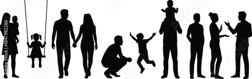 Family people silhouettes set showing parents and children activities, walking, playing, talking, parenting moments, and everyday lifestyle scenes
