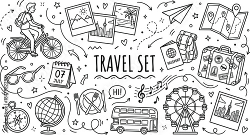 Hand drawn travel set illustration with bicycle, luggage, maps, passport, and vacation icons isolated on white background
