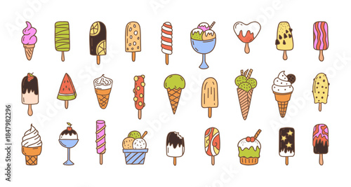 Ice cream doodle and popsicle set. Gelato, sundae cone, dessert and sweet summer treat. Chocolate sprinkle and strawberry scoop with wafer and syrup for candy, frozen snack. Vector hand drawn set