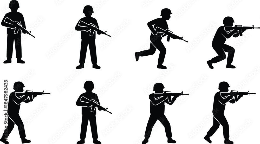 Obraz premium Military soldier silhouettes set showing armed infantry in combat poses, tactical movement, patrol actions, and battlefield training illustration