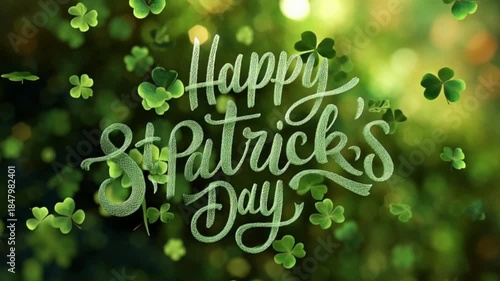 Cursive “Happy St Patrick’s Day” Text with Falling Clovers on a Soft Bokeh Background, Creating a Festive, Lucky, and Cheerful Irish Holiday Celebration with Elegant Typography and Green-Themed Visual