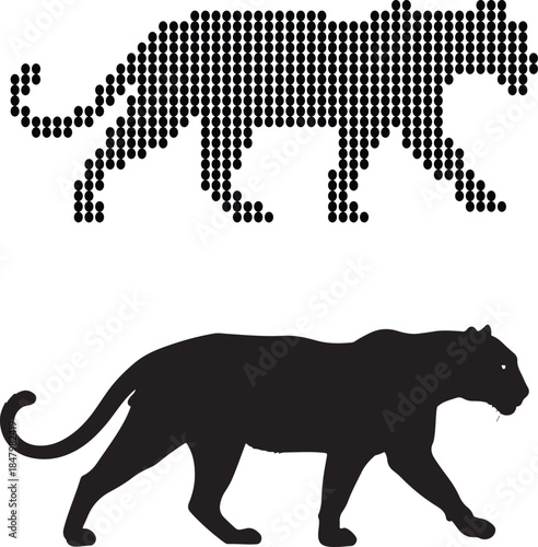 Silhouette and Pixelated Panther on White Background