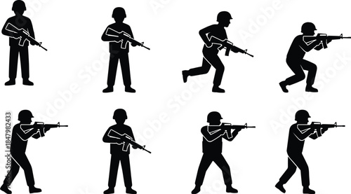 Military soldier silhouettes set showing armed infantry in combat poses, tactical movement, patrol actions, and battlefield training illustration