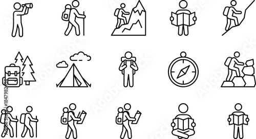 Minimal line hiking and travel icon set showing trekking, camping, navigation, backpacking, and outdoor adventure activities isolated on white background