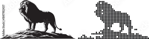 Majestic Lion Silhouette and Pixelated Representation - A Symbol of Power and Strength