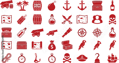 Red pirate and nautical icon set with treasure, maps, anchors, cannons, skulls, and sea adventure symbols isolated on white background
