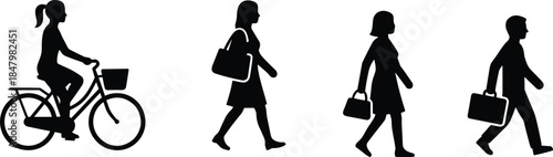 People silhouettes set showing walking commuters and cyclist, urban lifestyle, daily mobility, business travel, and modern city movement concepts