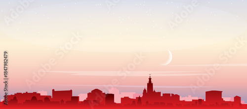 Red panoramic poster of the city skyline with misty background buildings, sunrise, moon and clouds of STOCKHOLM, SWEDEN