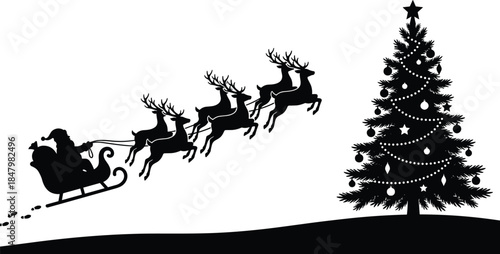 Santa sleigh silhouette with flying reindeer and decorated Christmas tree isolated on white background for festive holiday design