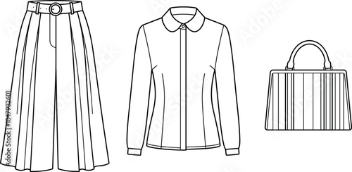 Women’s fashion outfit line illustration featuring wide leg pants, classic jacket, and handbag in minimalist black and white vector style