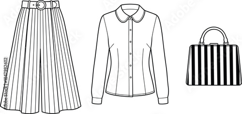 Women’s fashion outfit line illustration featuring pleated skirt, classic blouse, and striped handbag in minimalist black and white vector style