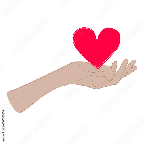 Vector illustration of a hand cradling a red heart. Symbolizing emotional intelligence, self-compassion, and mental health support. Minimalist art for psychological therapy.