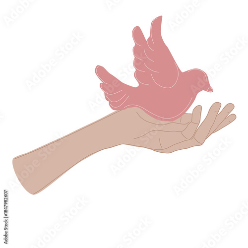 Vector illustration of a hand holding a pink dove. Symbolizing psychological support, inner trust, and mental liberation. Minimalist design for therapy and wellness.
