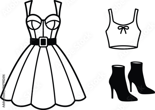 Women's fashion outfit silhouettes featuring elegant dress, cropped top, and high heel ankle boots in minimalist black and white vector style