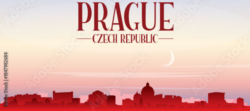 Red panoramic poster of the city skyline with misty background buildings, sunrise, moon and clouds of PRAGUE, CZECH REPUBLIC