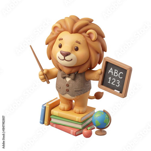 Cute 3D illustration of a lion teacher with a pointer and blackboard standing on books.