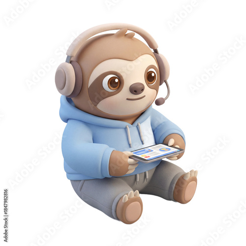 Cute 3D Sloth Character Wearing Headphones and Holding a Tablet.