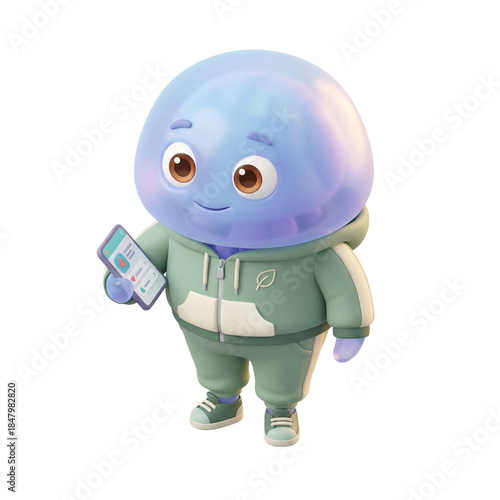 Cute Blue Blob Character in Hoodie Holding Phone.