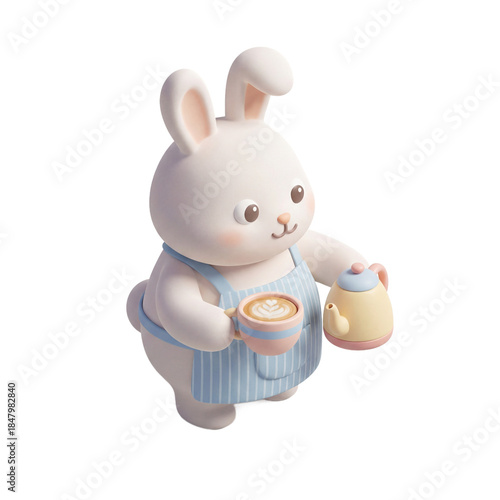 Cute Bunny Character Holding Coffee Cup and Teapot.